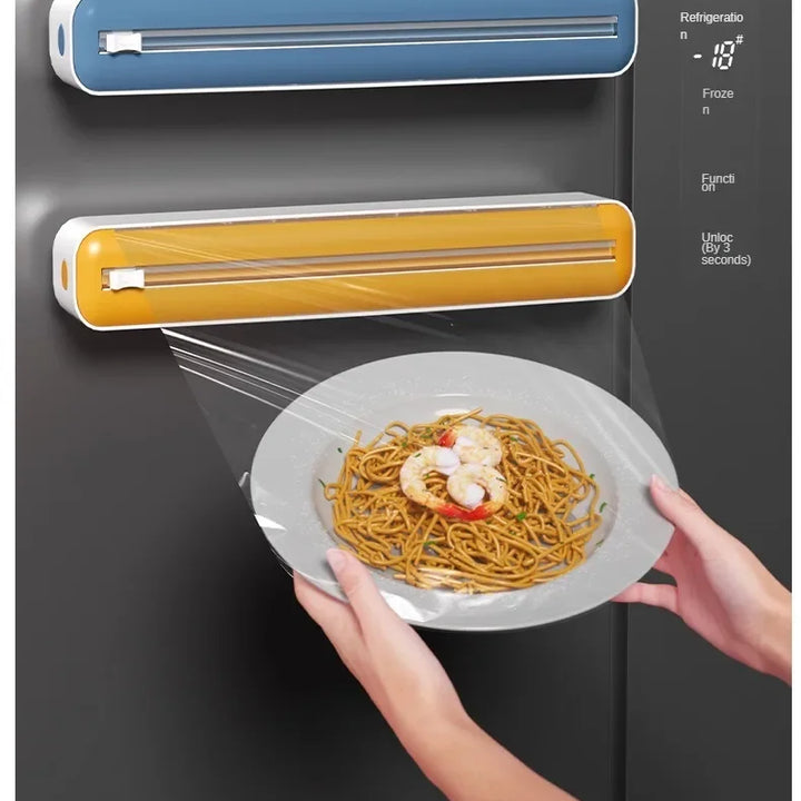 2 in 1 Food Film Dispenser Wrap Dispenser with Cutter Storage Box Aluminum Foil Stretch Film Cutter Wall Shelf Kitchen Organizer