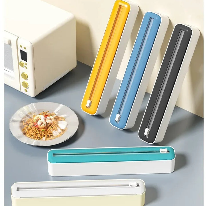 2 in 1 Food Film Dispenser Wrap Dispenser with Cutter Storage Box Aluminum Foil Stretch Film Cutter Wall Shelf Kitchen Organizer