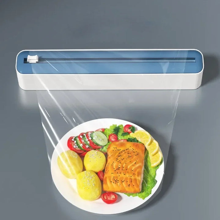 2 in 1 Food Film Dispenser Wrap Dispenser with Cutter Storage Box Aluminum Foil Stretch Film Cutter Wall Shelf Kitchen Organizer